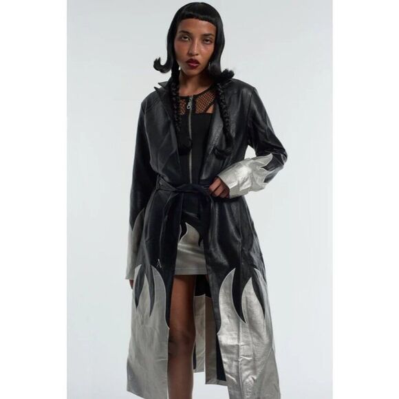 THE RAGGED PRIEST Immortal Coat 16 Silver Flames Faux Leather Trench Mall Goth - Picture 6 of 12